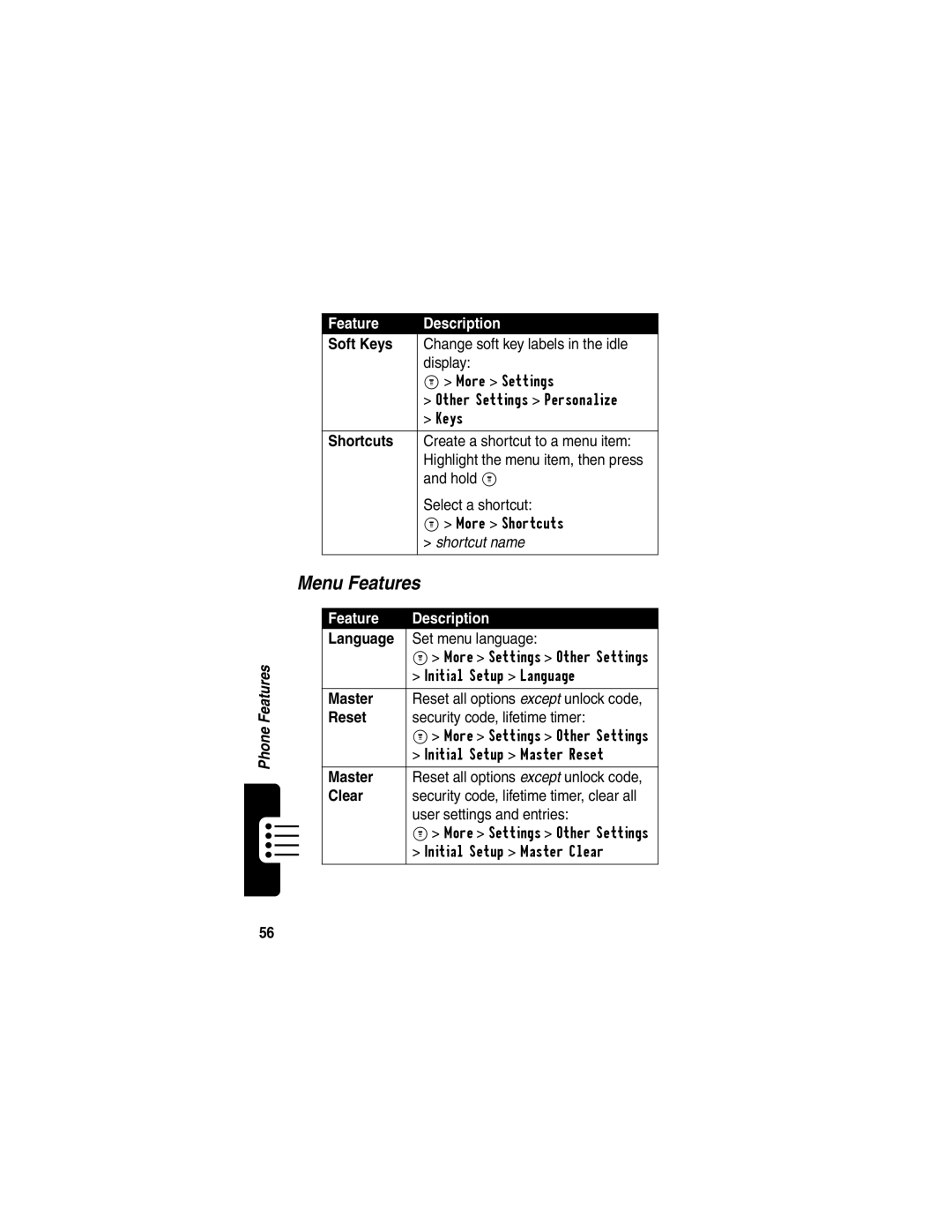 Motorola C353 manual Menu Features 