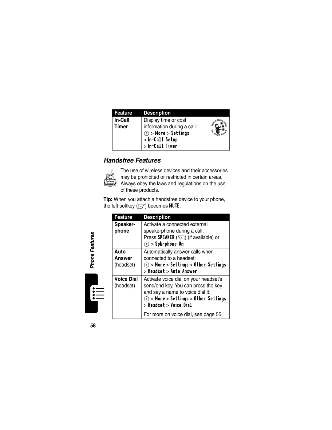 Motorola C353 manual Handsfree Features 