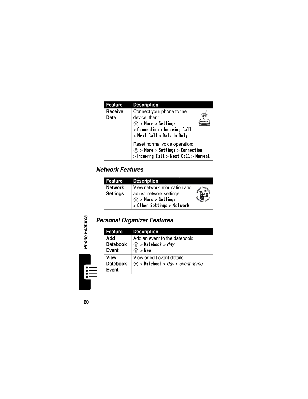 Motorola C353 manual Network Features, Personal Organizer Features 