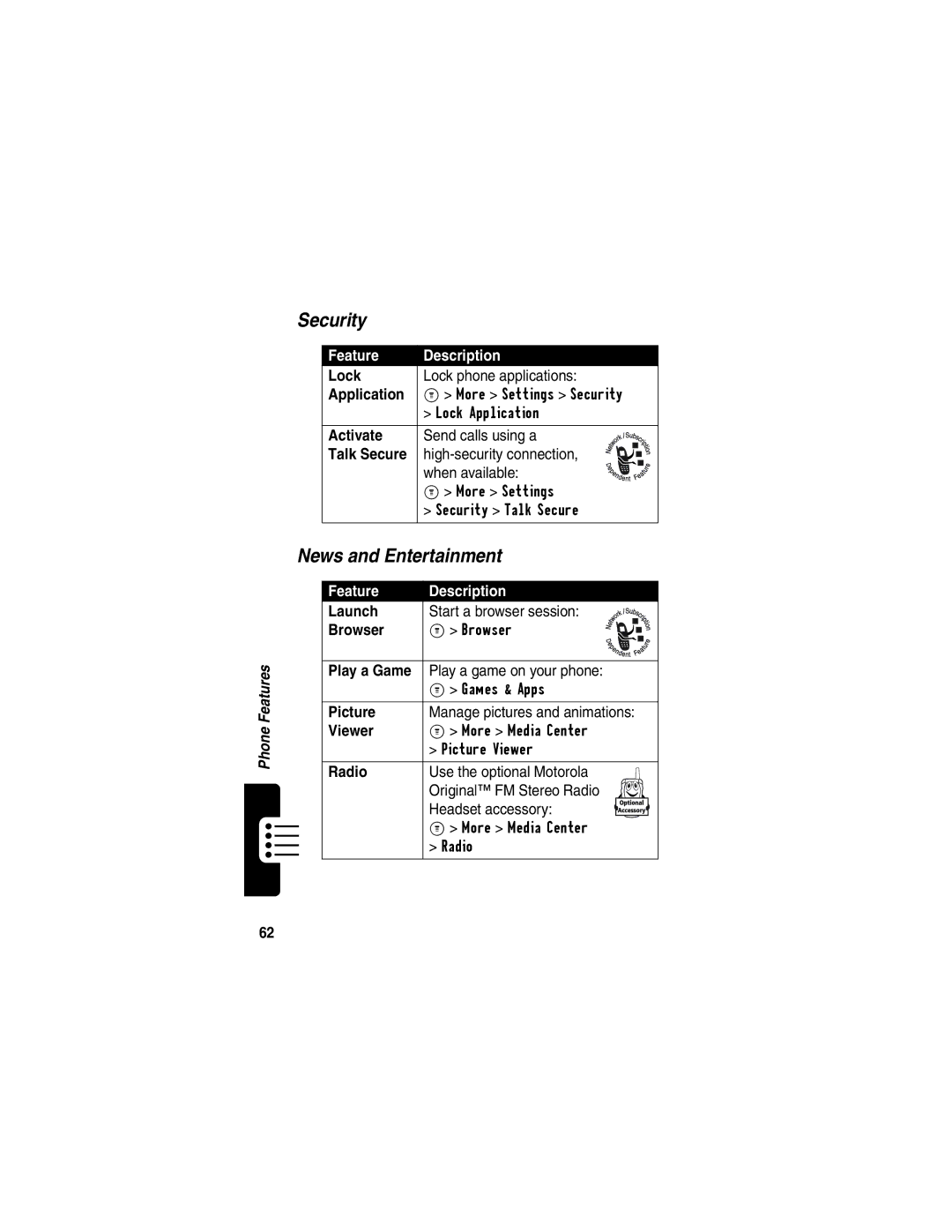 Motorola C353 manual Security, News and Entertainment 