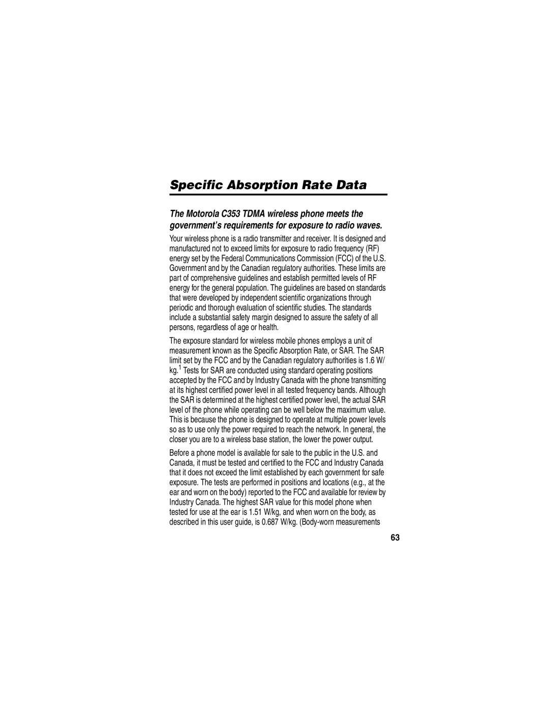 Motorola C353 manual Specific Absorption Rate Data 