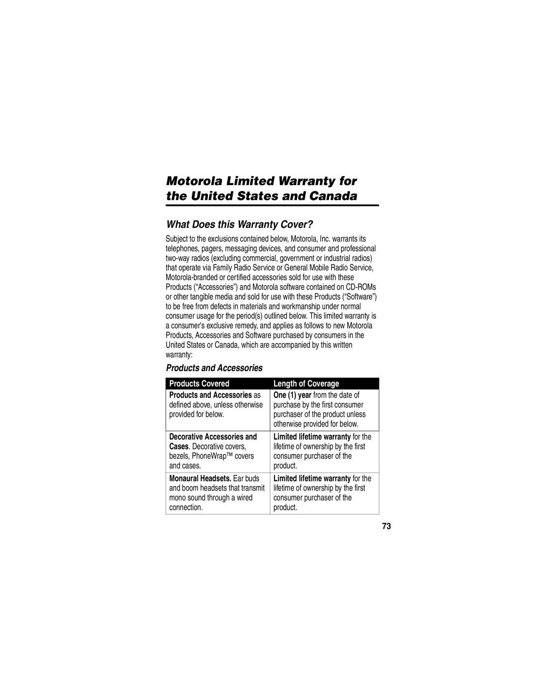 Motorola C353 manual What Does this Warranty Cover?, Products and Accessories, Products Covered Length of Coverage 