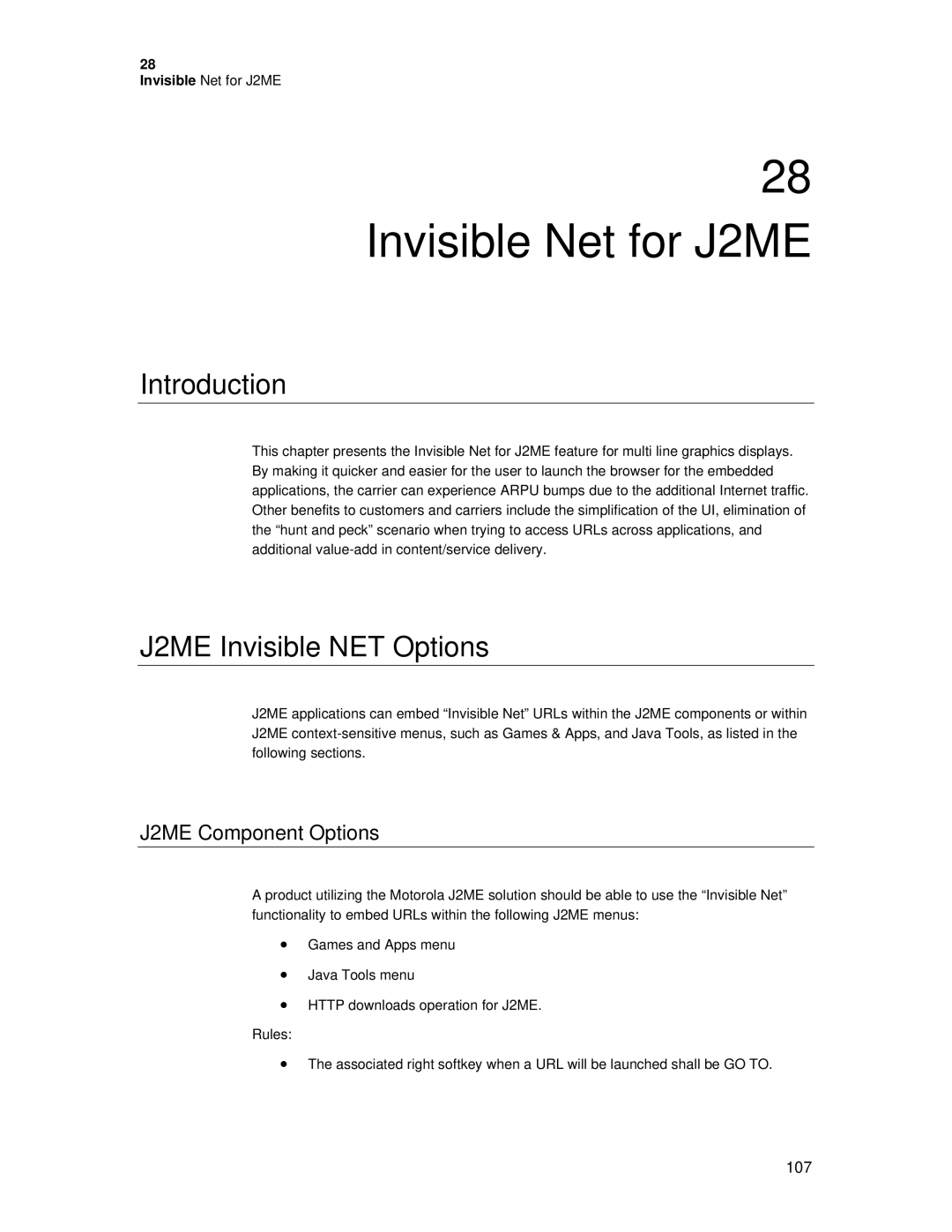 Motorola C381P technical manual Invisible Net for J2ME, Introduction, J2ME Invisible NET Options 