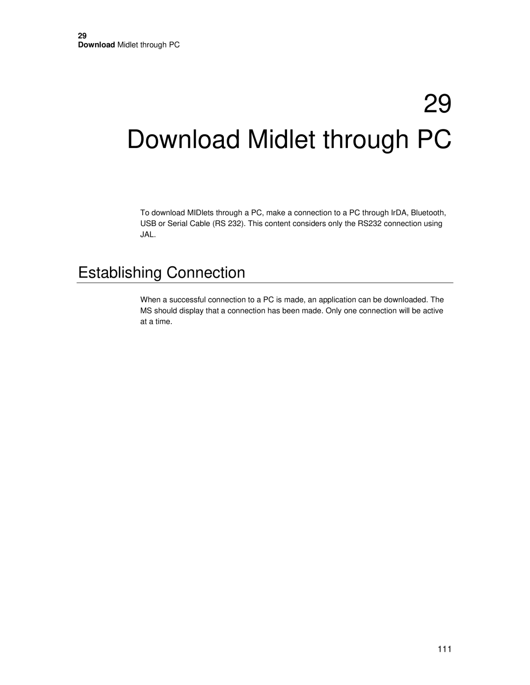 Motorola C381P technical manual Download Midlet through PC, Establishing Connection 