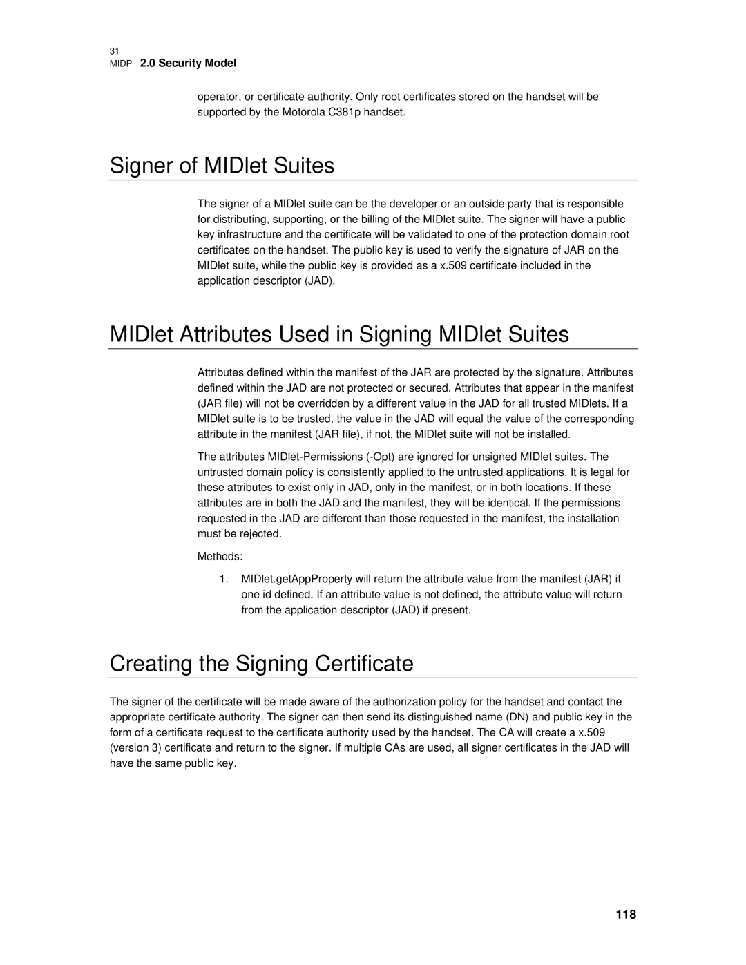 Motorola C381P Signer of MIDlet Suites, MIDlet Attributes Used in Signing MIDlet Suites, Creating the Signing Certificate 