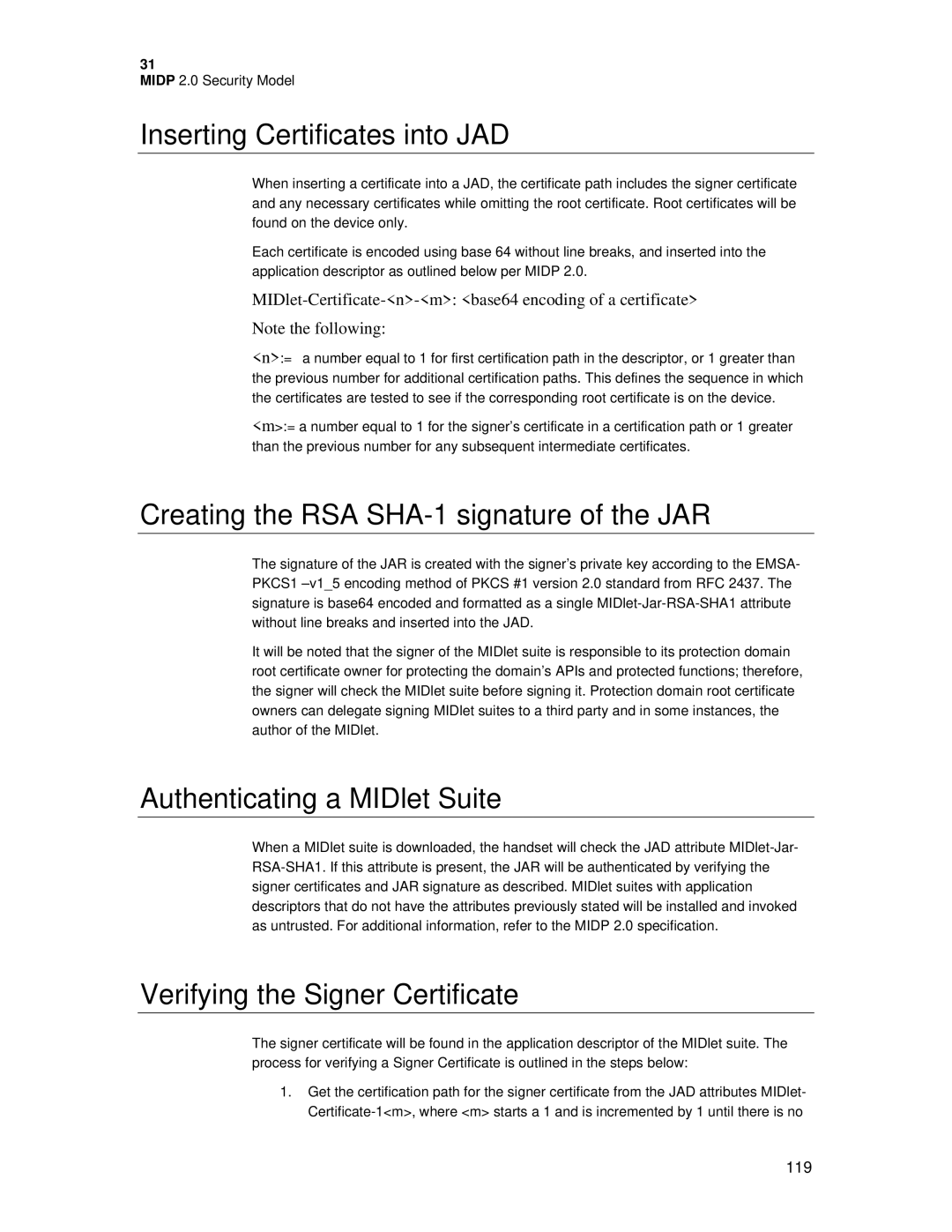 Motorola C381P Inserting Certificates into JAD, Creating the RSA SHA-1 signature of the JAR, Authenticating a MIDlet Suite 