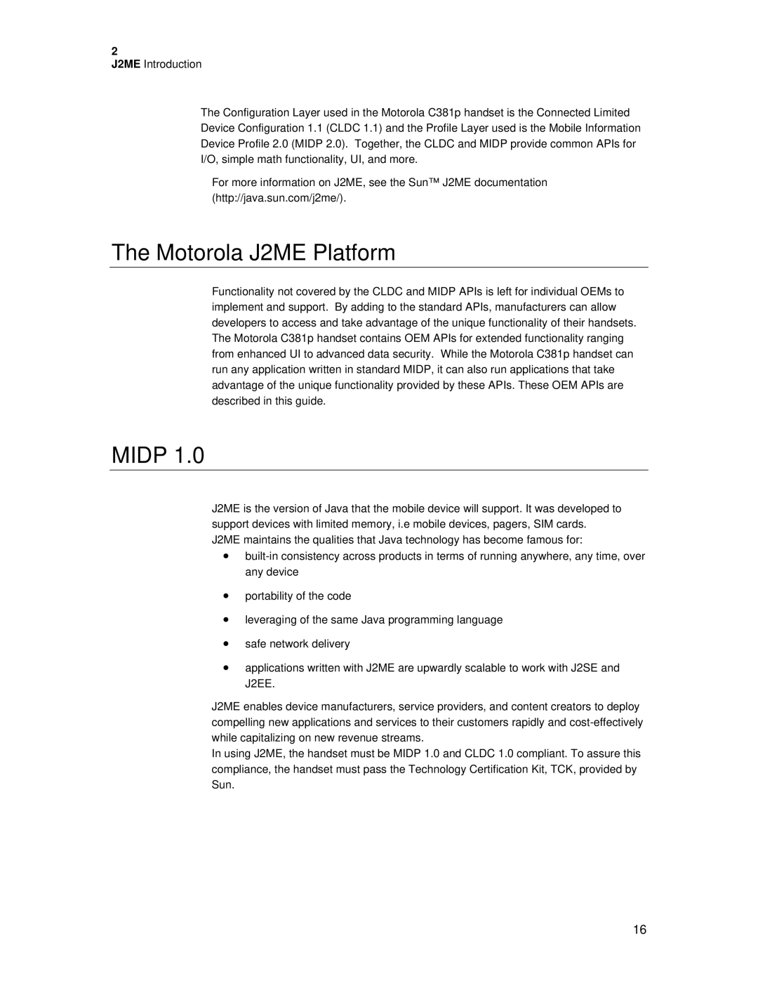 Motorola C381P technical manual Motorola J2ME Platform, Midp 