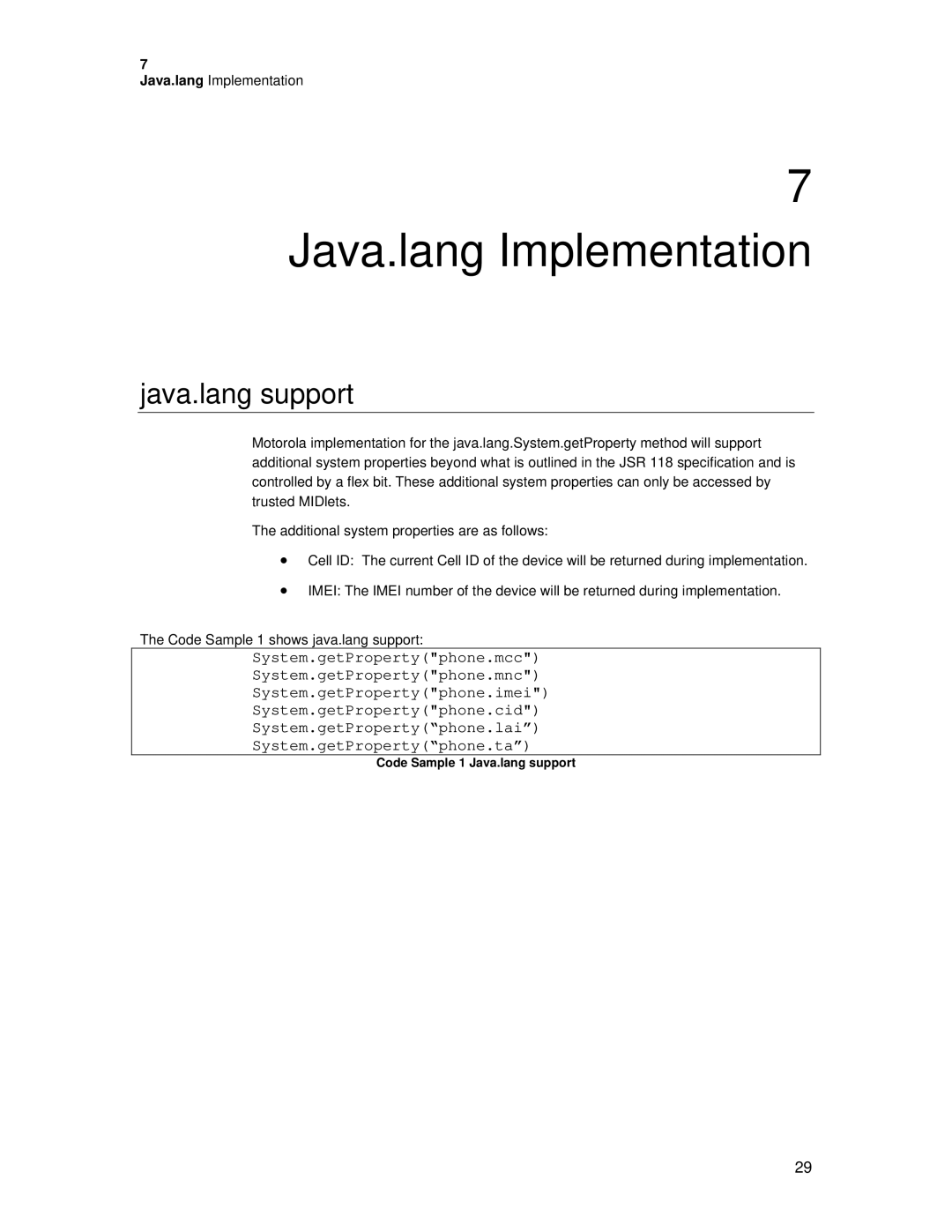 Motorola C381P technical manual Java.lang Implementation, Java.lang support 