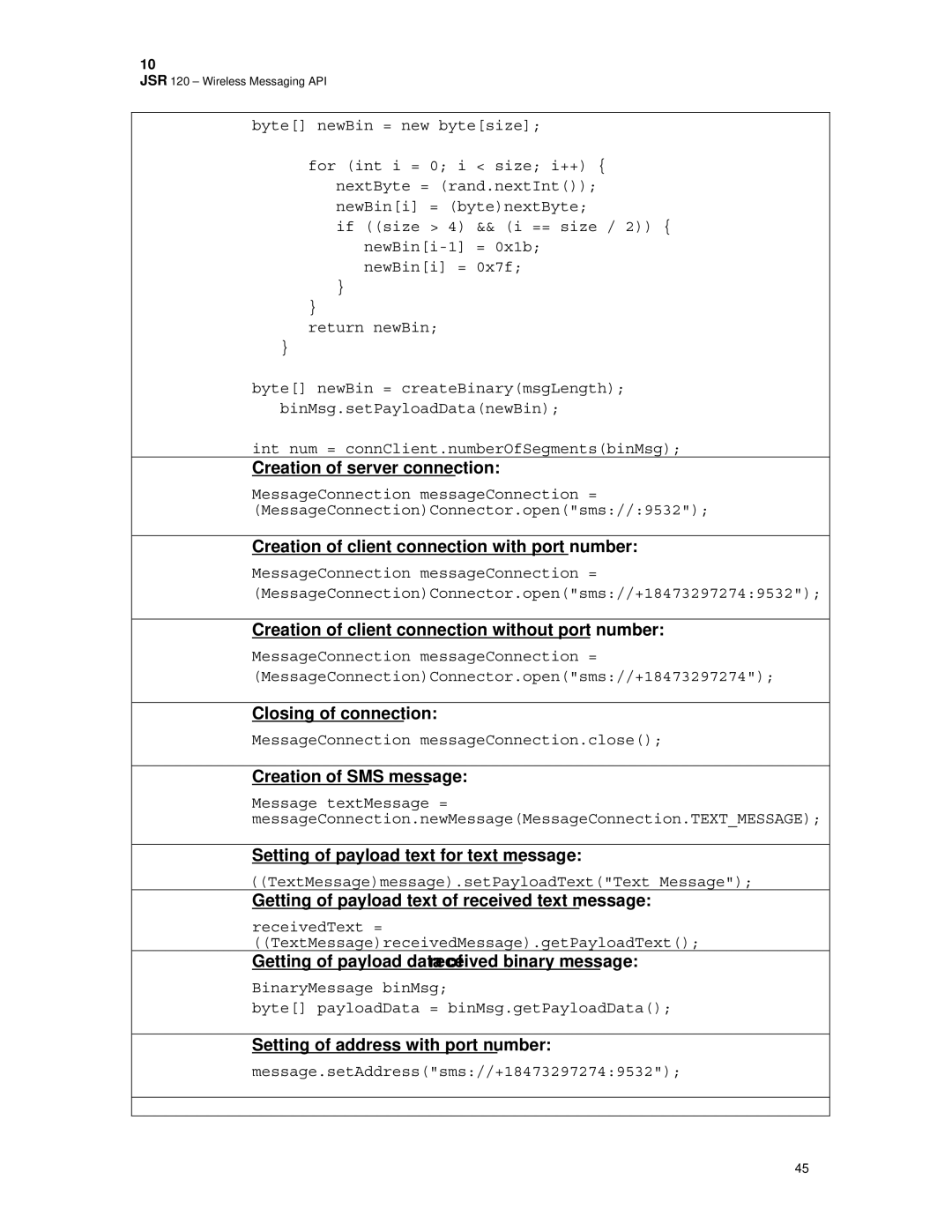 Motorola C381P Creation of server connection, Creation of client connection with port number, Closing of connection 