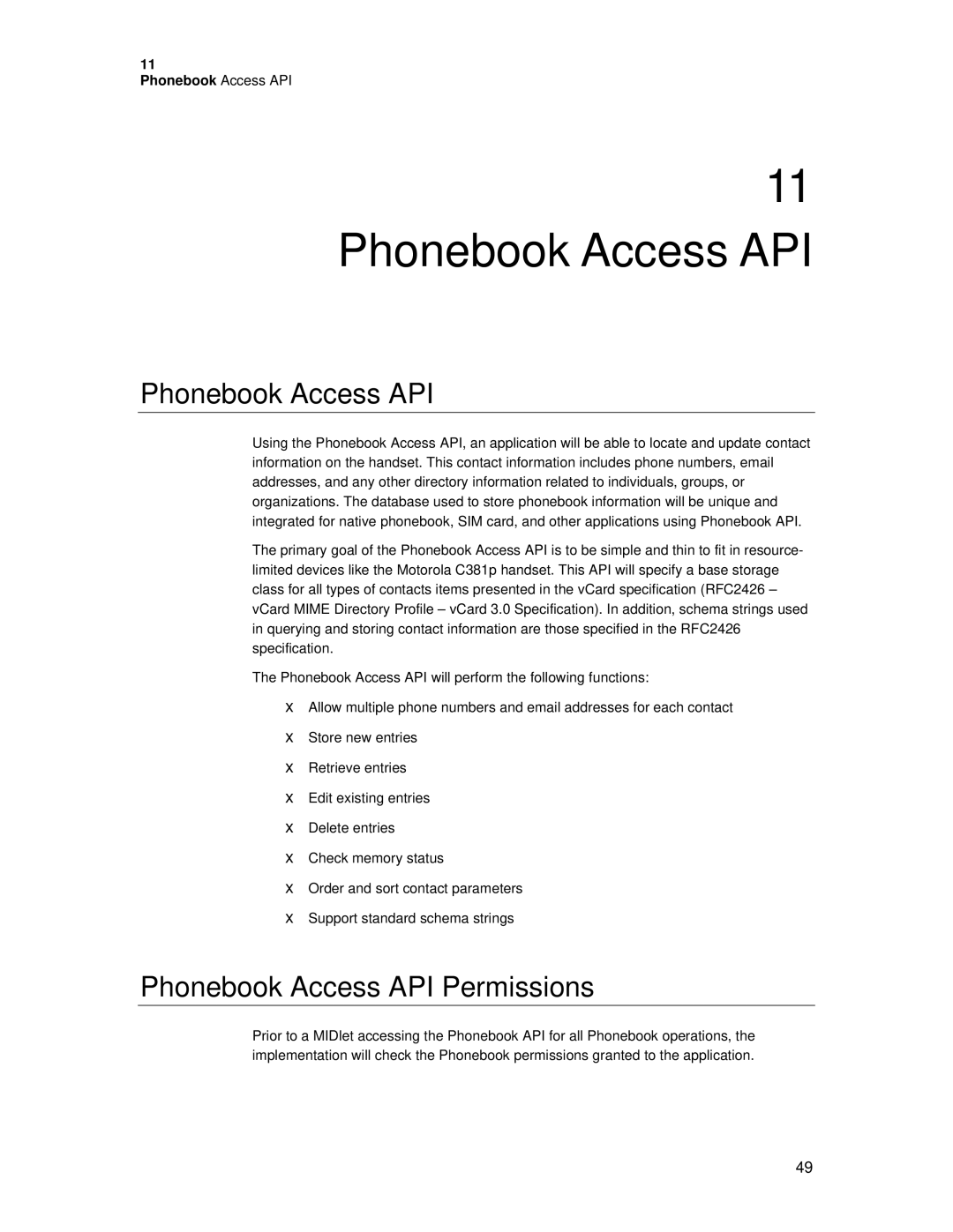 Motorola C381P technical manual Phonebook Access API Permissions 