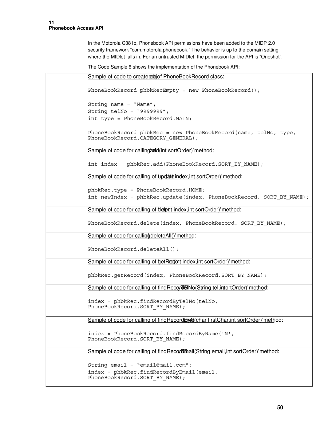 Motorola C381P technical manual Sample of code for calling of ‘addint sortOrder’ method 