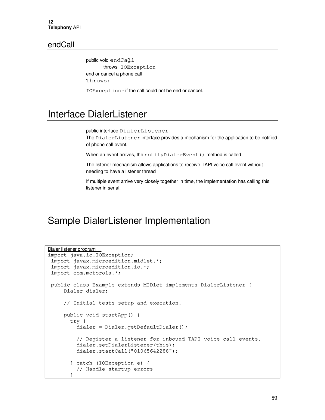 Motorola C381P technical manual Interface DialerListener, Sample DialerListener Implementation, EndCall 