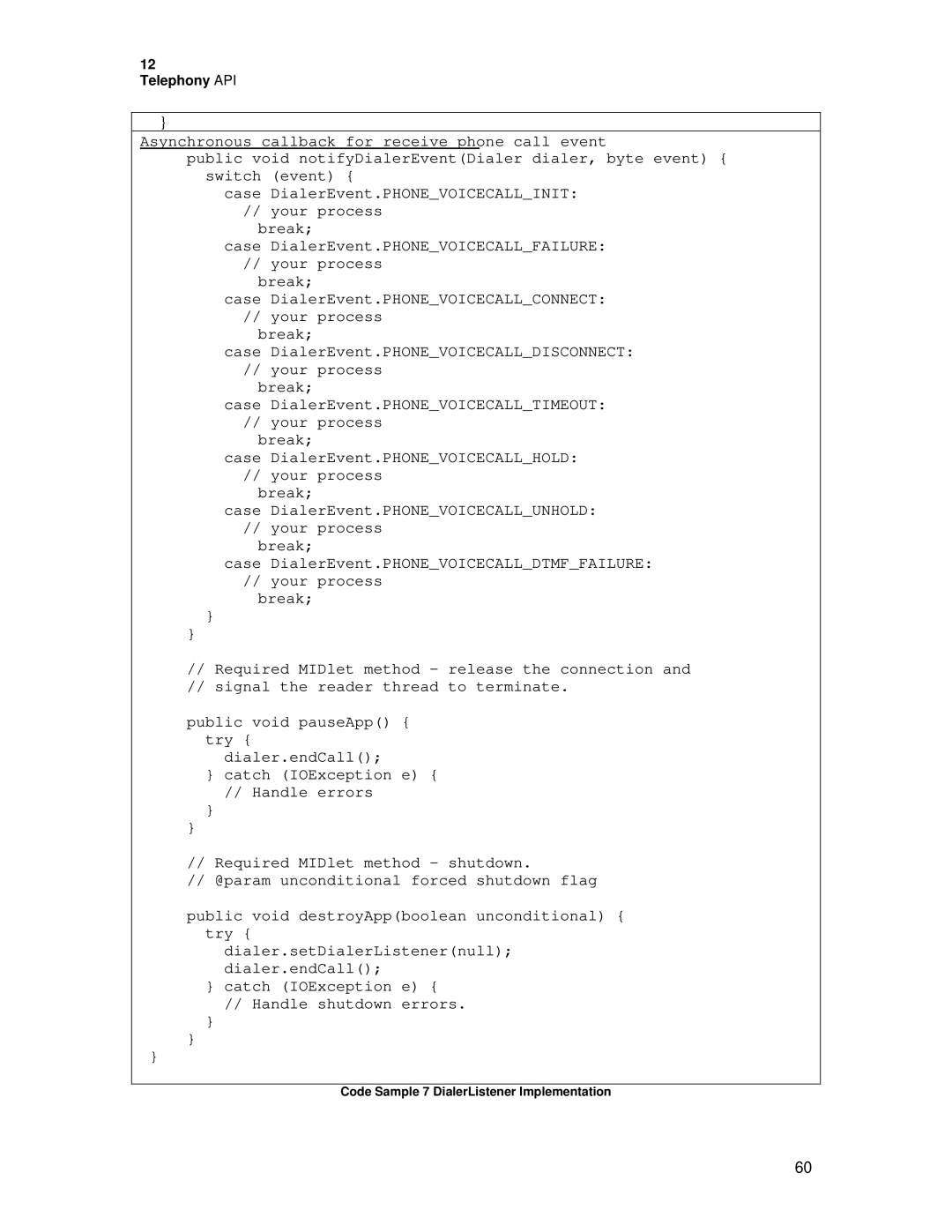 Motorola C381P technical manual Asynchronous callback for receive phone call event 