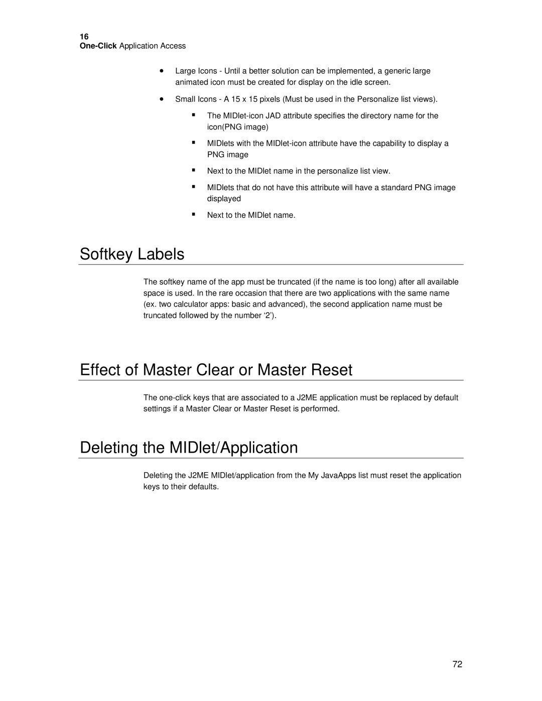 Motorola C381P technical manual Softkey Labels, Effect of Master Clear or Master Reset, Deleting the MIDlet/Application 