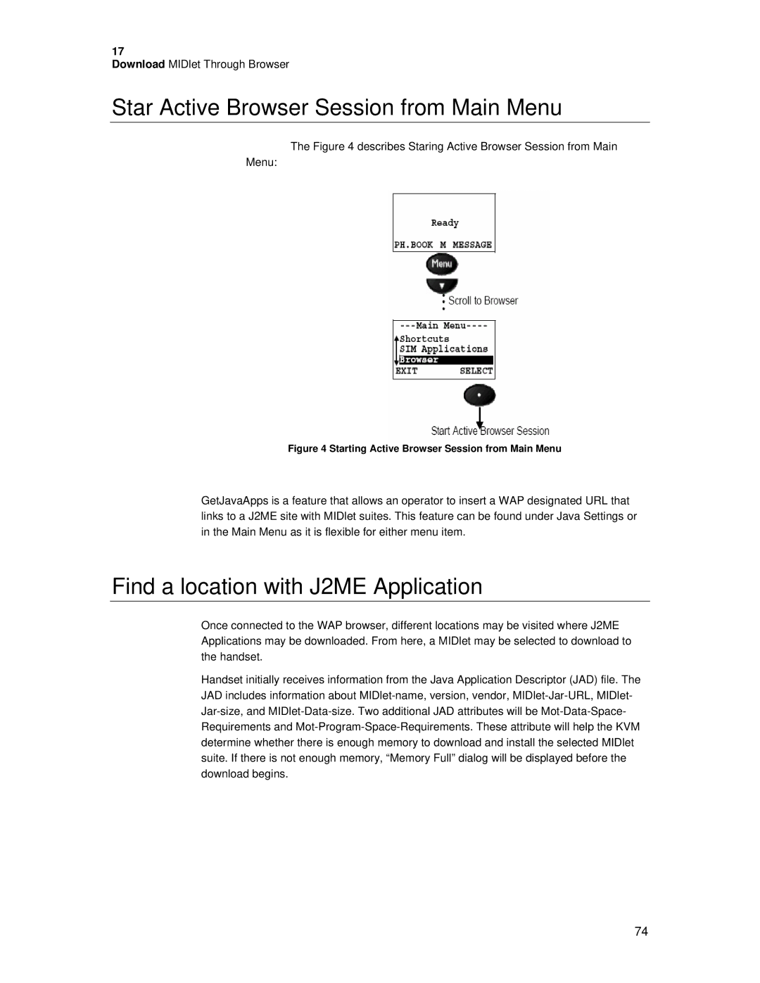 Motorola C381P technical manual Star Active Browser Session from Main Menu, Find a location with J2ME Application 