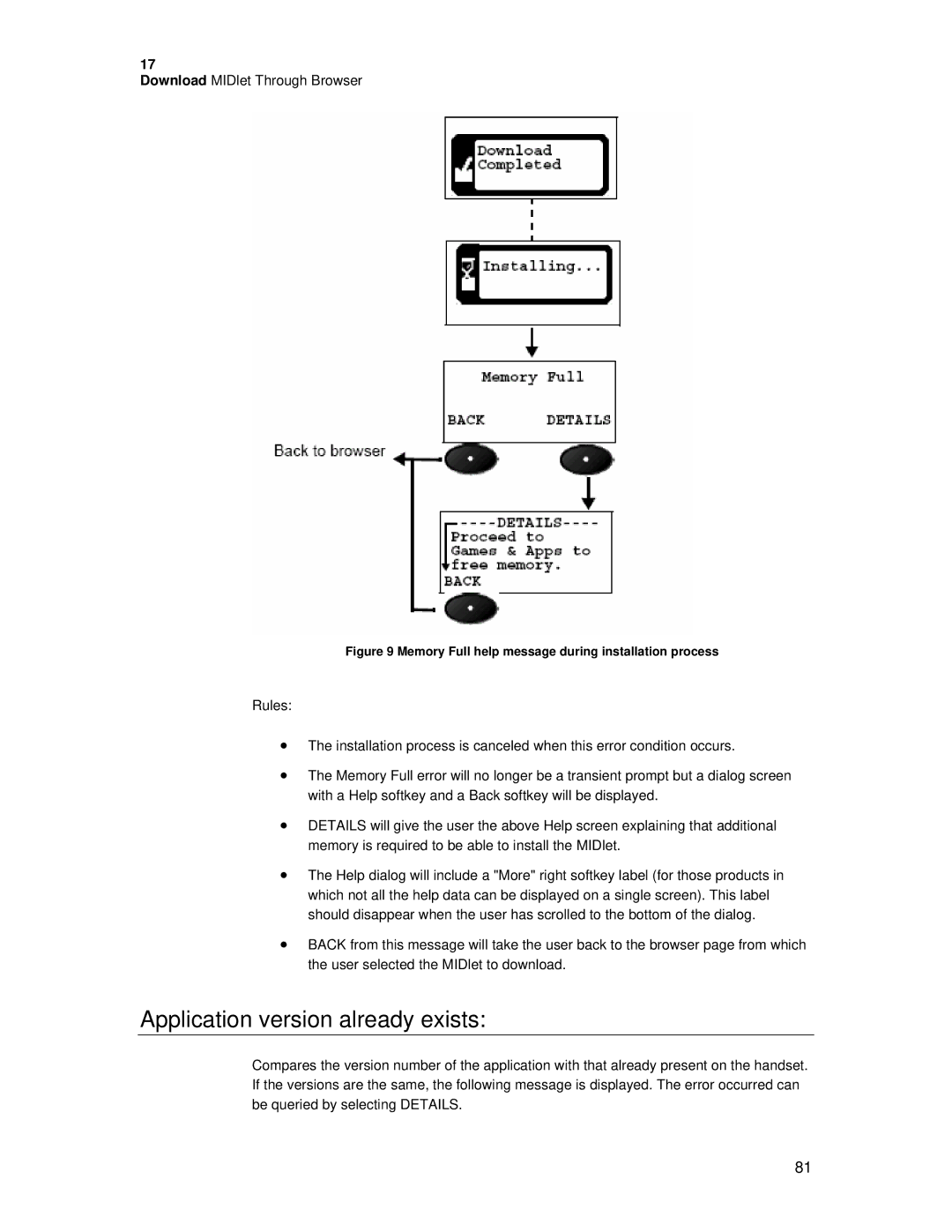 Motorola C381P technical manual Application version already exists, Memory Full help message during installation process 