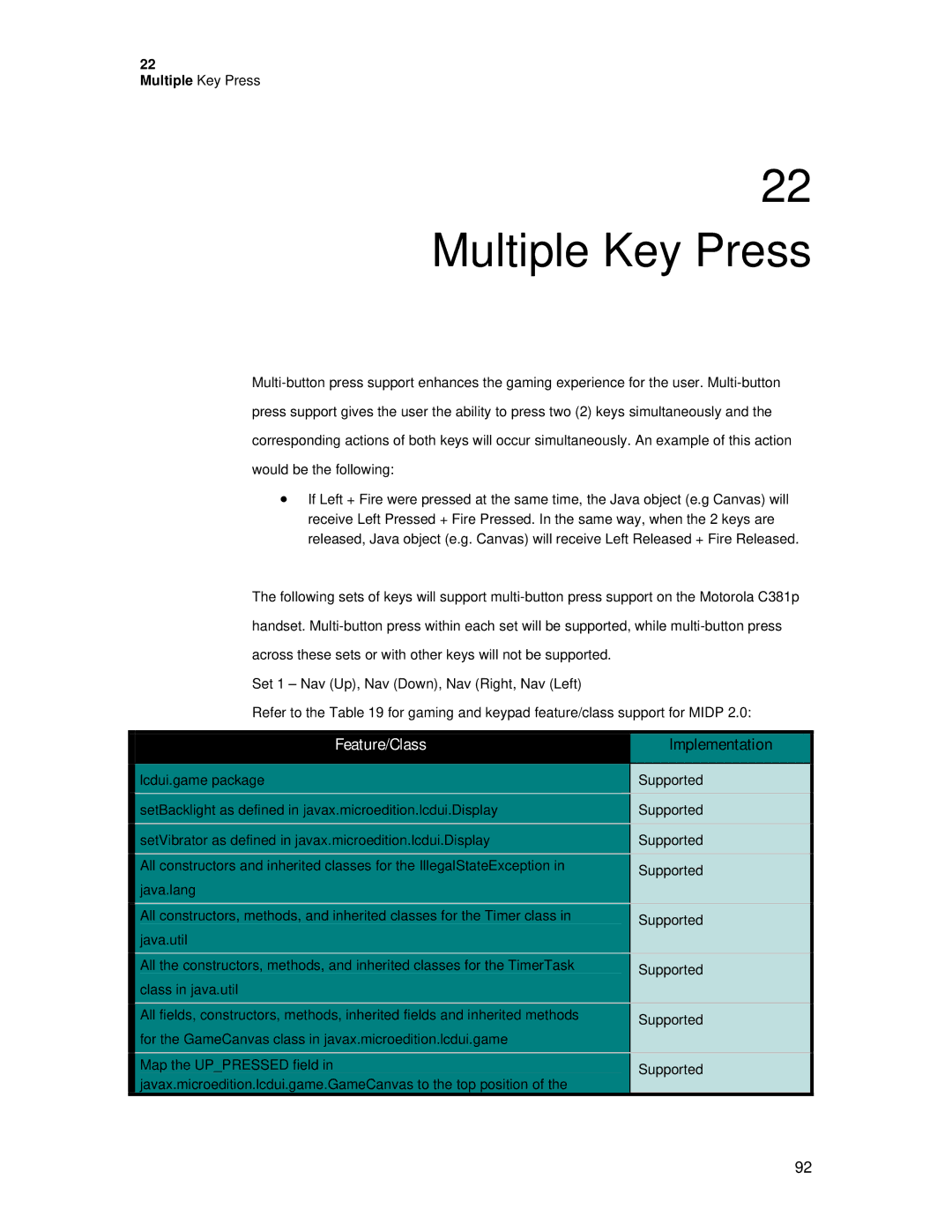 Motorola C381P technical manual Multiple Key Press, Implementation 