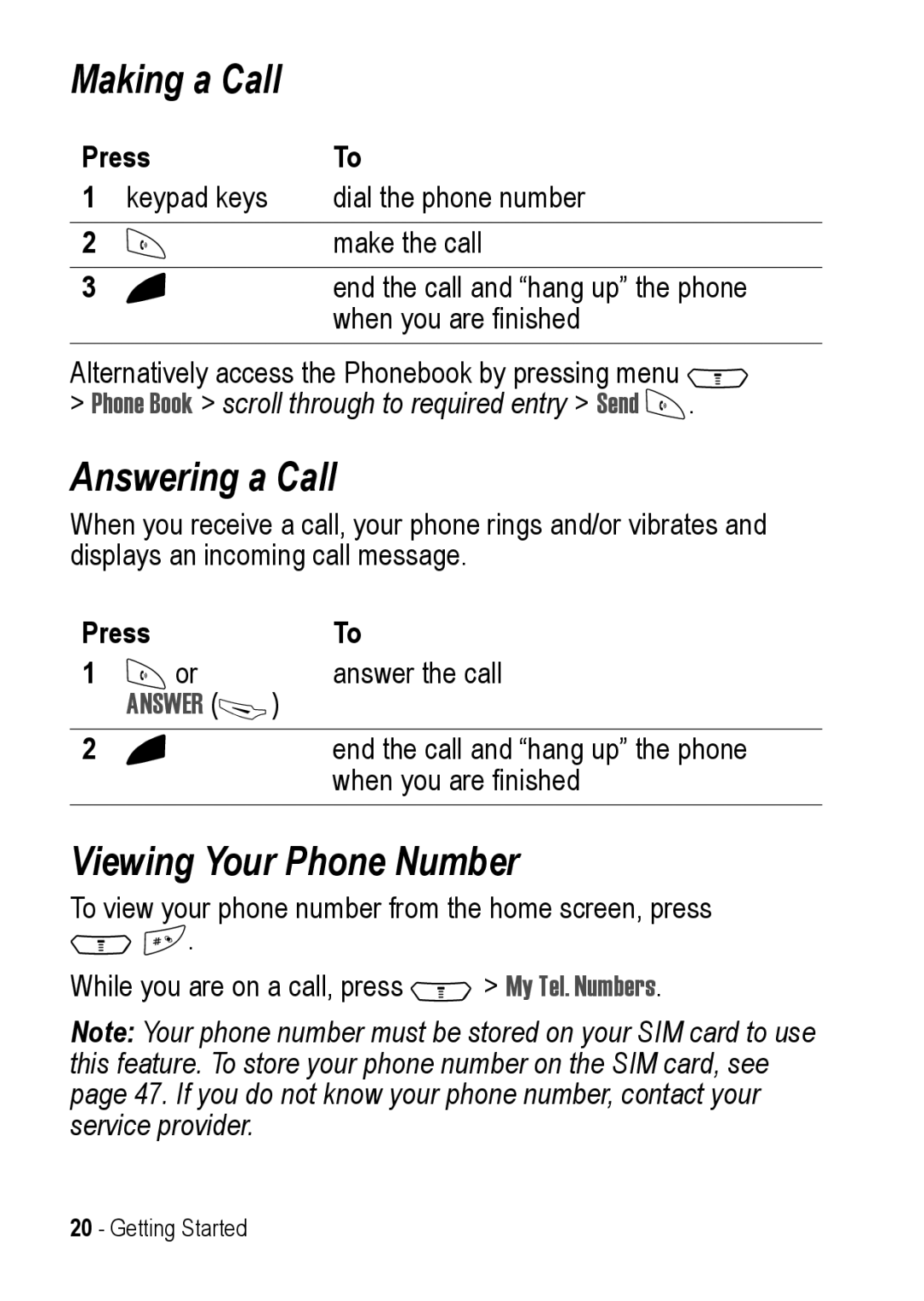 Motorola C390 manual Making a Call, Answering a Call, Viewing Your Phone Number, Press 