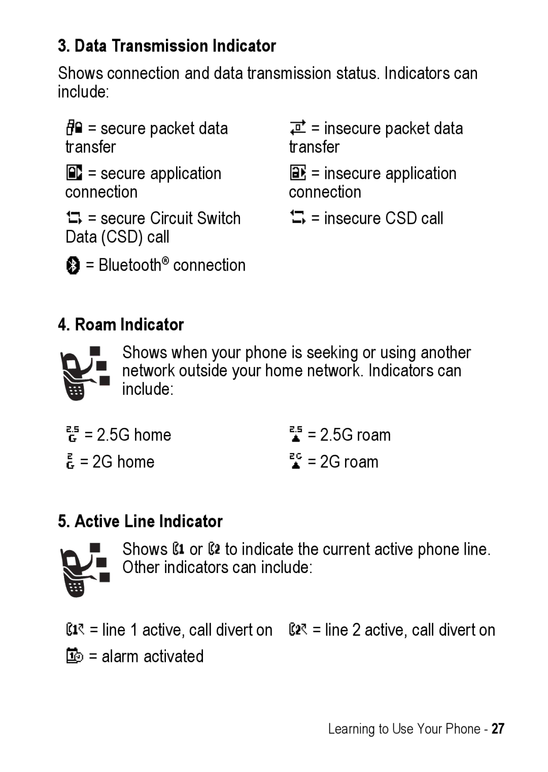 Motorola C390 manual Data Transmission Indicator, Roam Indicator, Active Line Indicator 