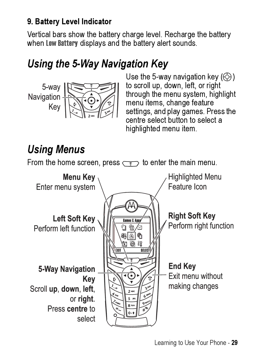 Motorola C390 manual Using the 5-Way Navigation Key, Using Menus, Battery Level Indicator 