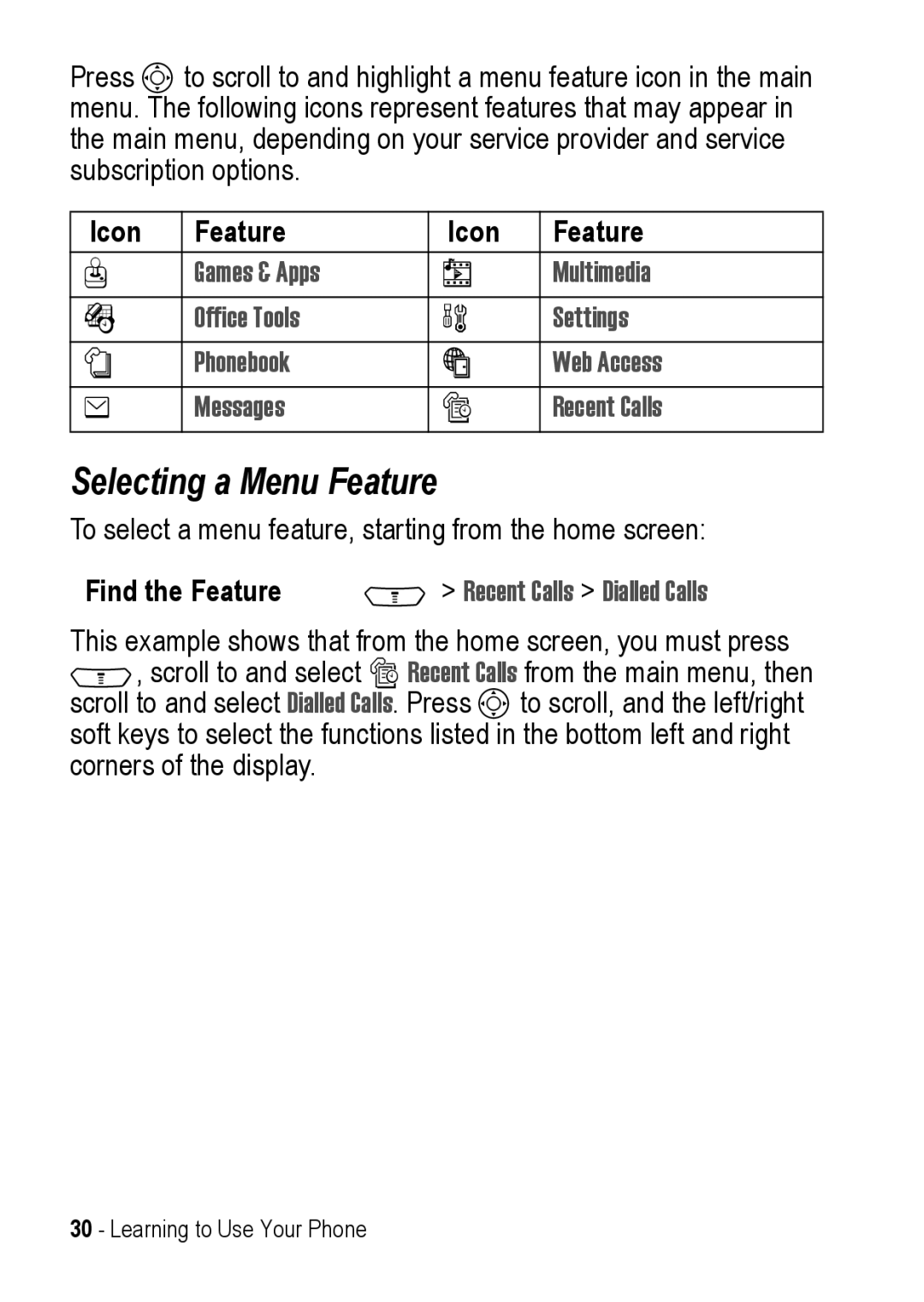 Motorola C390 manual Selecting a Menu Feature, Recent Calls Dialled Calls 