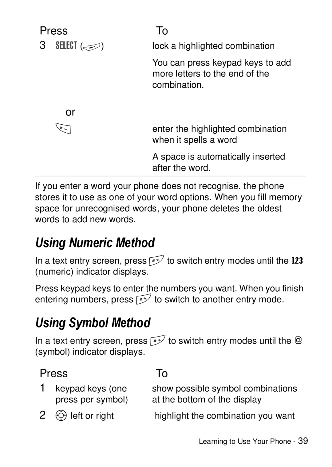 Motorola C390 manual Using Numeric Method, Using Symbol Method, Select + 