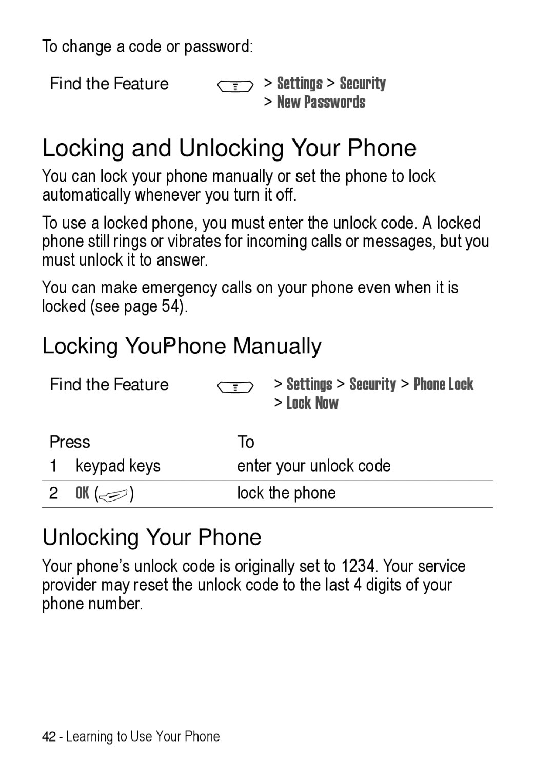 Motorola C390 manual Locking and Unlocking Your Phone, Locking Your Phone Manually 