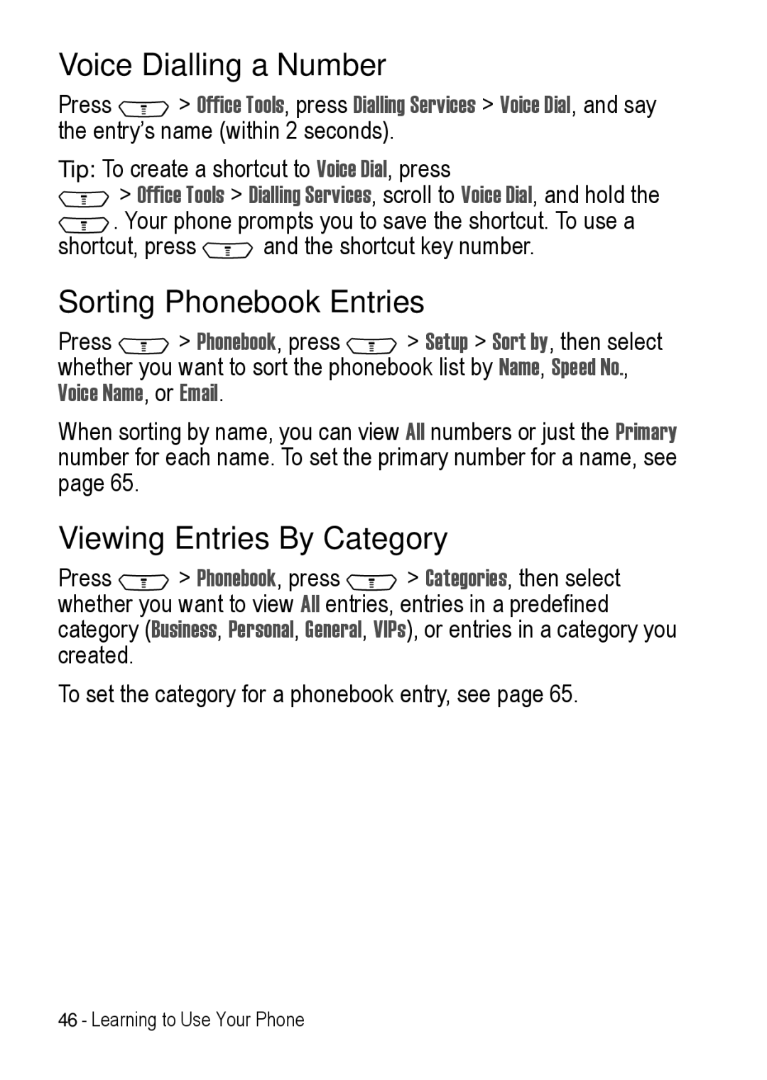 Motorola C390 manual Voice Dialling a Number, Sorting Phonebook Entries, Viewing Entries By Category 