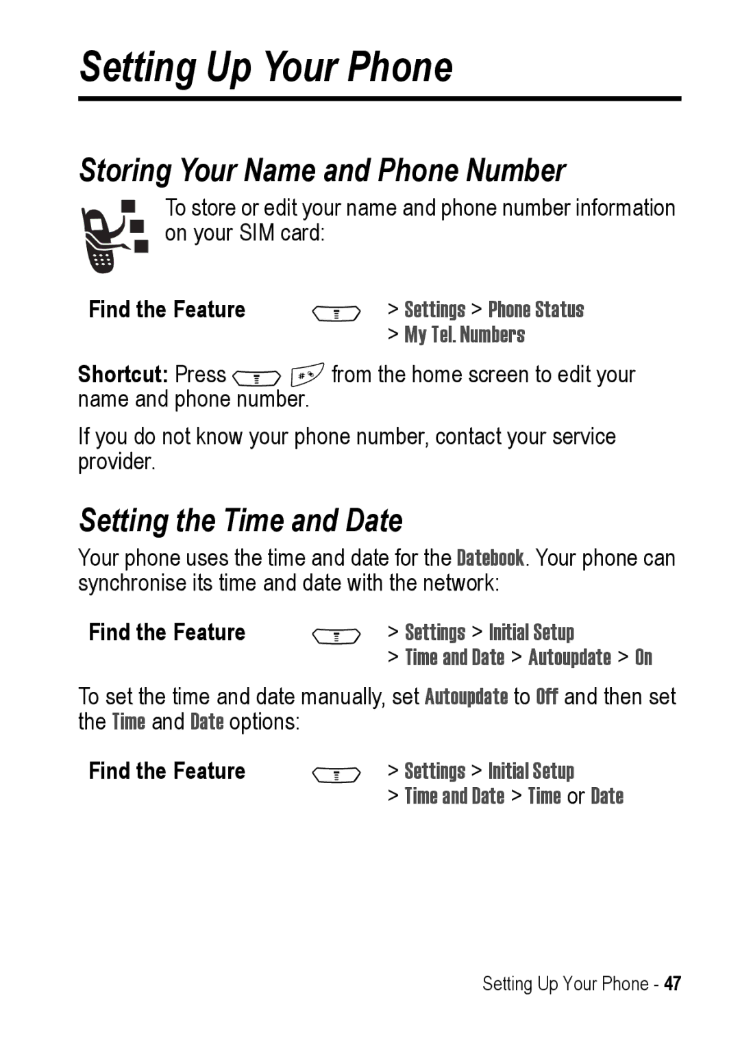 Motorola C390 manual Setting Up Your Phone, Storing Your Name and Phone Number, Setting the Time and Date 