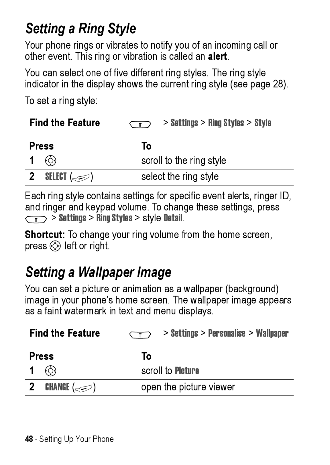 Motorola C390 Setting a Ring Style, Setting a Wallpaper Image, Settings Ring Styles Style, Settings Personalise Wallpaper 