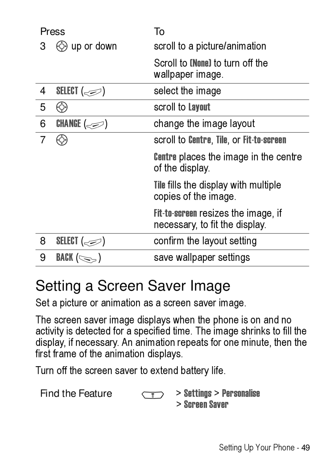 Motorola C390 manual Setting a Screen Saver Image, Scroll to Centre, Tile, or Fit-to-screen, Settings Personalise 