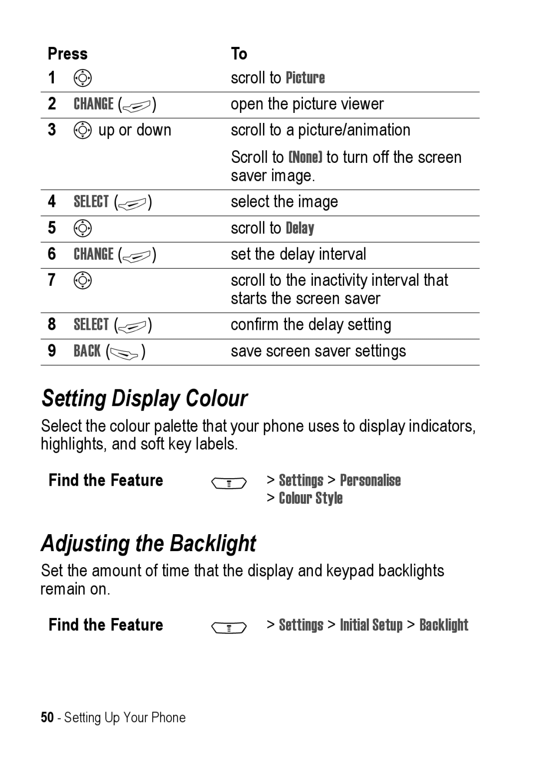 Motorola C390 manual Setting Display Colour, Adjusting the Backlight, Settings Initial Setup Backlight 