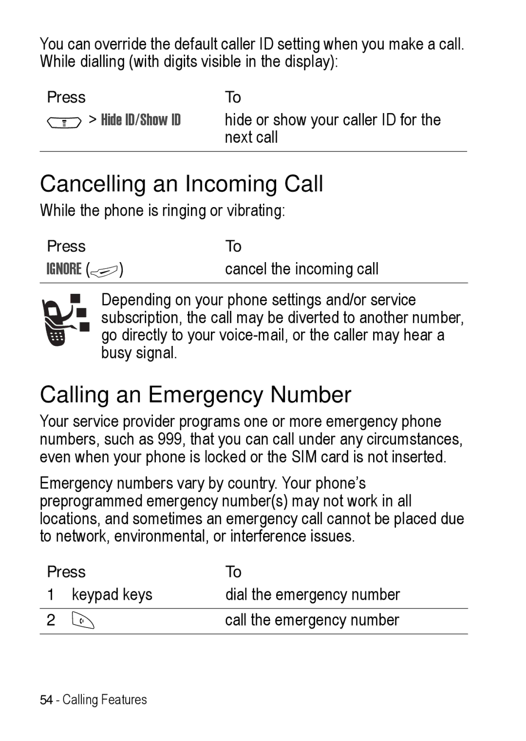 Motorola C390 manual Cancelling an Incoming Call, Calling an Emergency Number, PressTo, Ignore + 