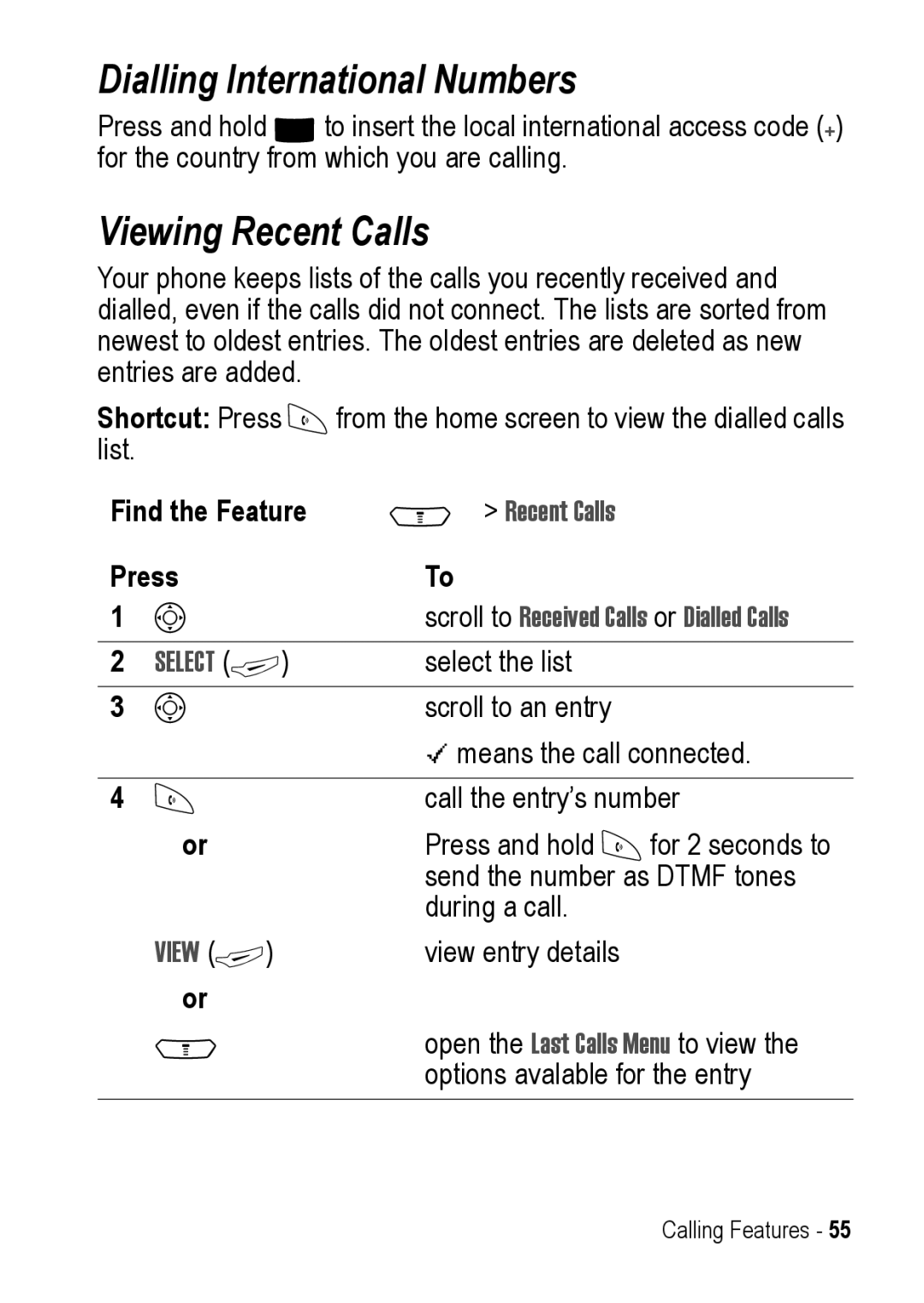 Motorola C390 Dialling International Numbers, Viewing Recent Calls, Scroll to Received Calls or Dialled Calls, View + 