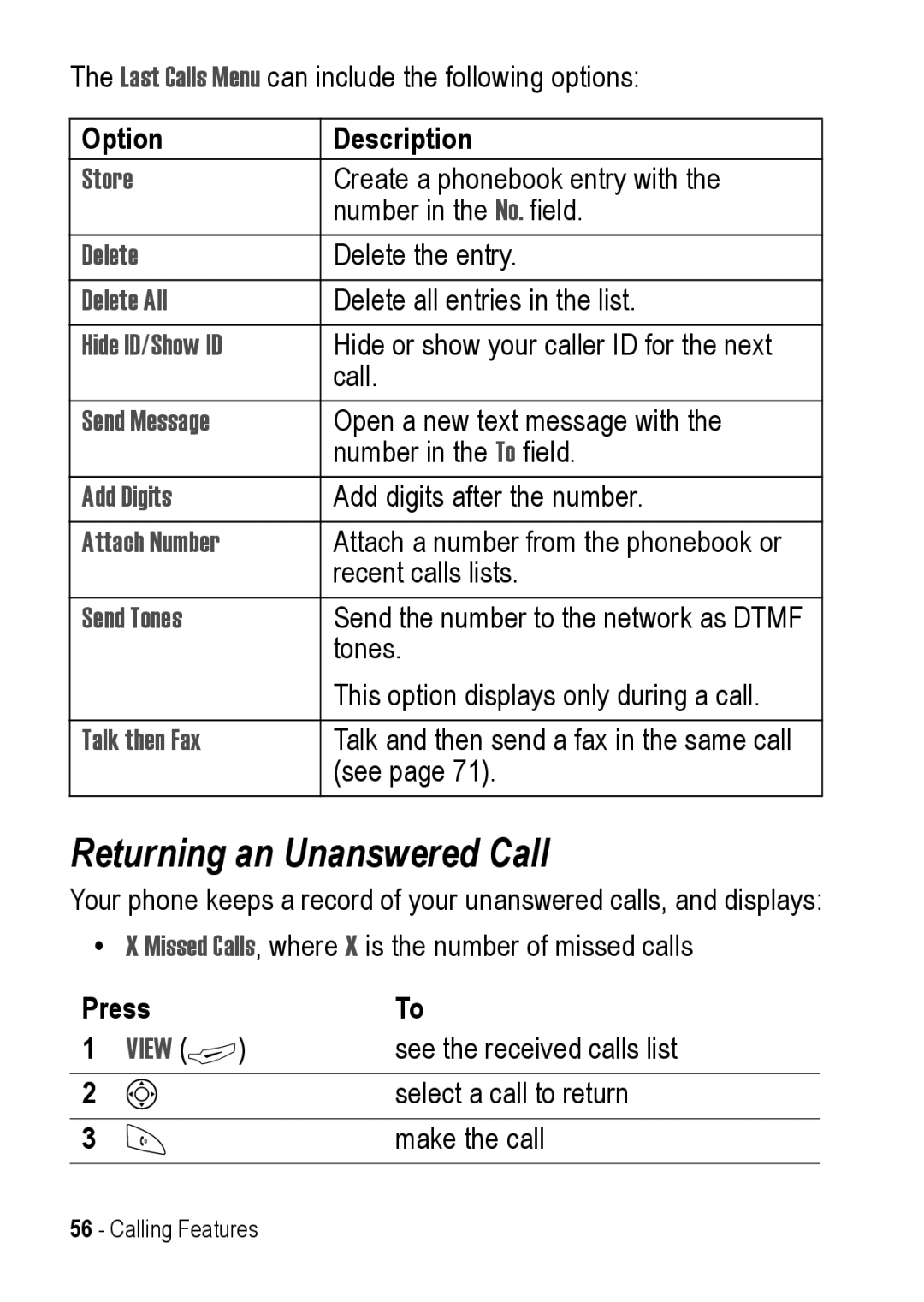 Motorola C390 manual Returning an Unanswered Call, Option Description, See the received calls list, Select a call to return 