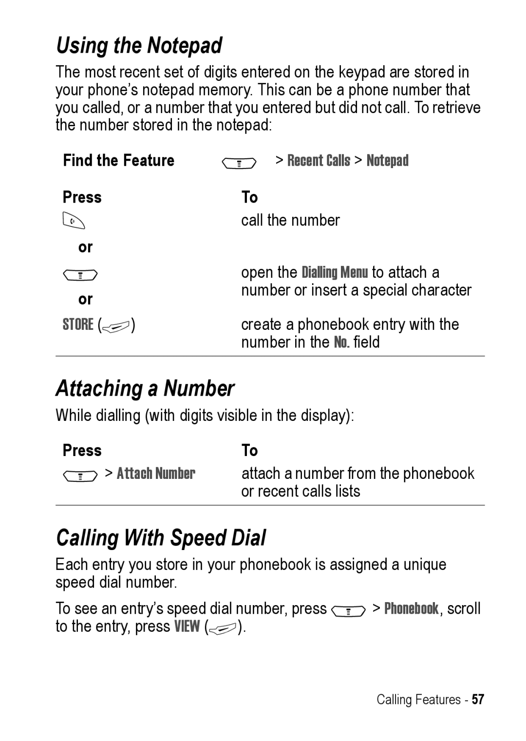 Motorola C390 manual Using the Notepad, Attaching a Number, Calling With Speed Dial, Press Call the number 