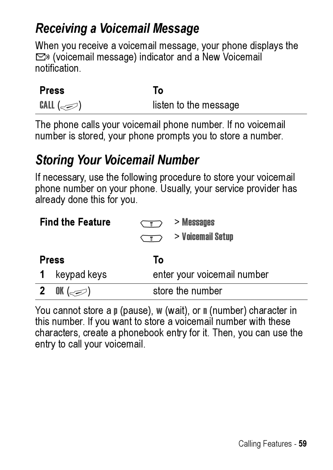 Motorola C390 manual Receiving a Voicemail Message, Storing Your Voicemail Number, Call +, Voicemail Setup 