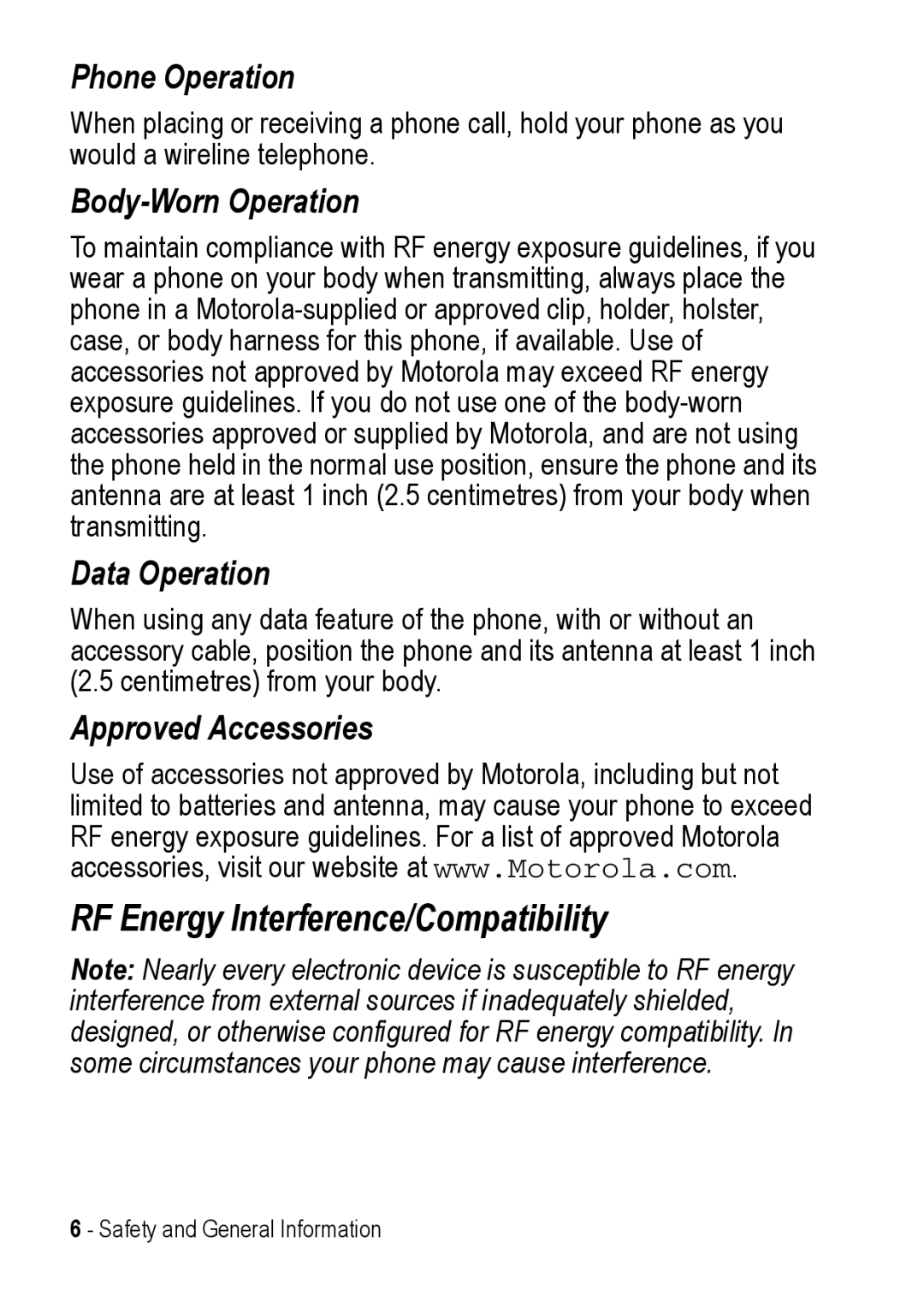 Motorola C390 manual RF Energy Interference/Compatibility, Body-Worn Operation 