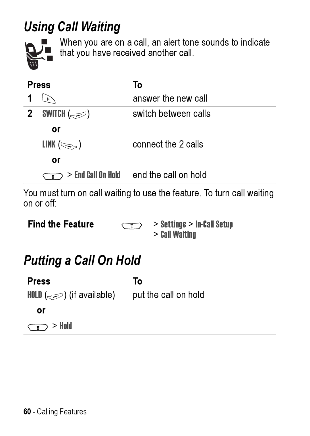 Motorola C390 manual Using Call Waiting, Putting a Call On Hold 