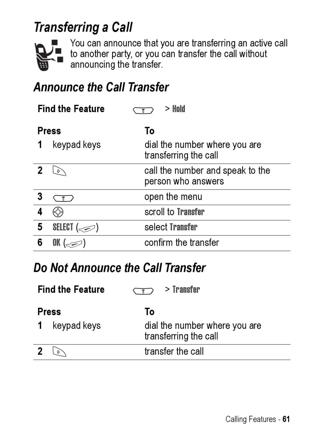 Motorola C390 manual Transferring a Call, Do Not Announce the Call Transfer, Select Transfer 