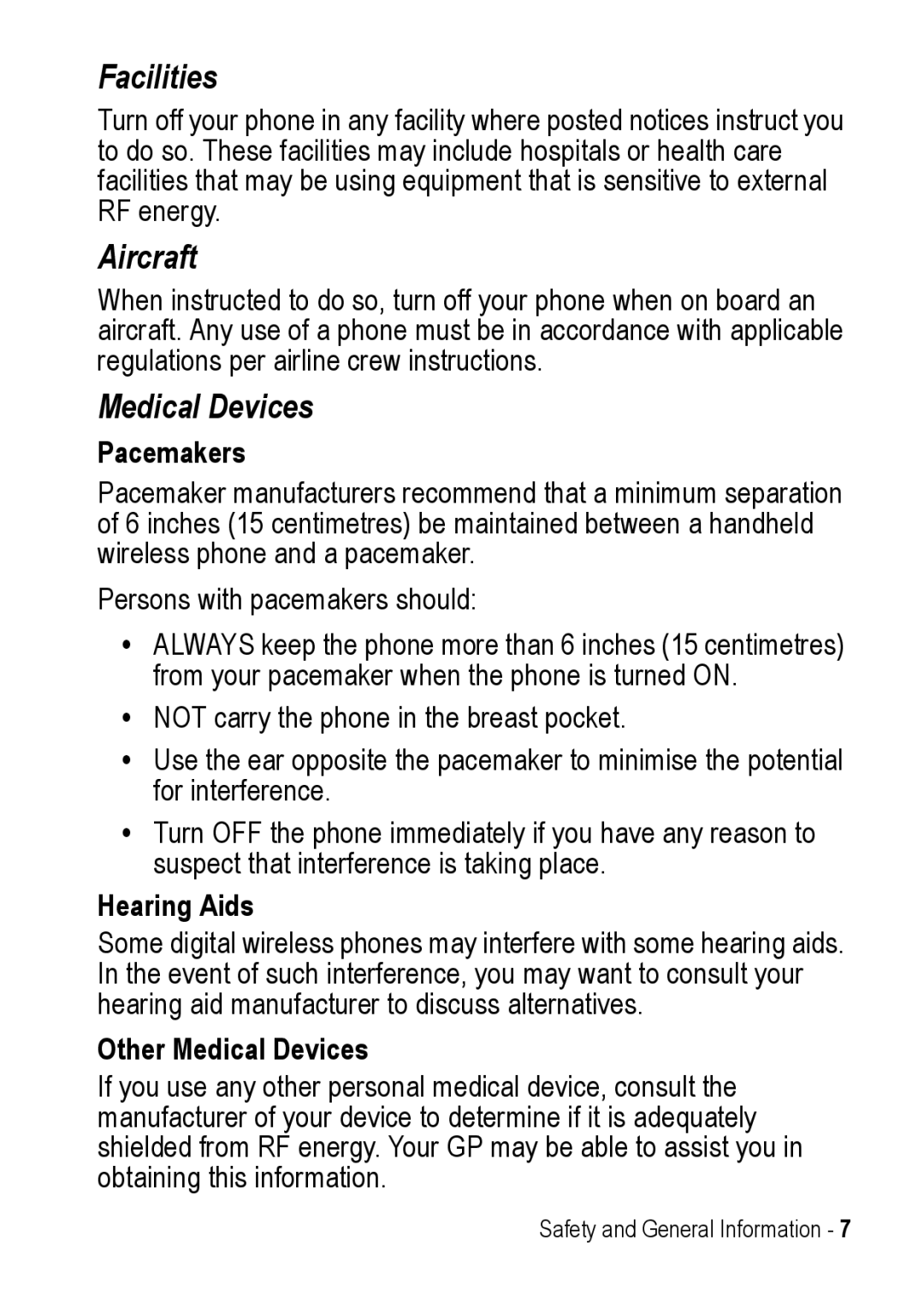 Motorola C390 manual Pacemakers, Hearing Aids, Other Medical Devices 