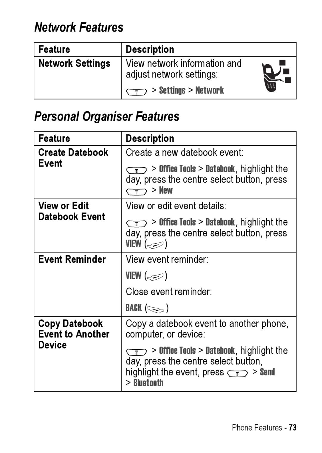 Motorola C390 manual Network Features, Personal Organiser Features 