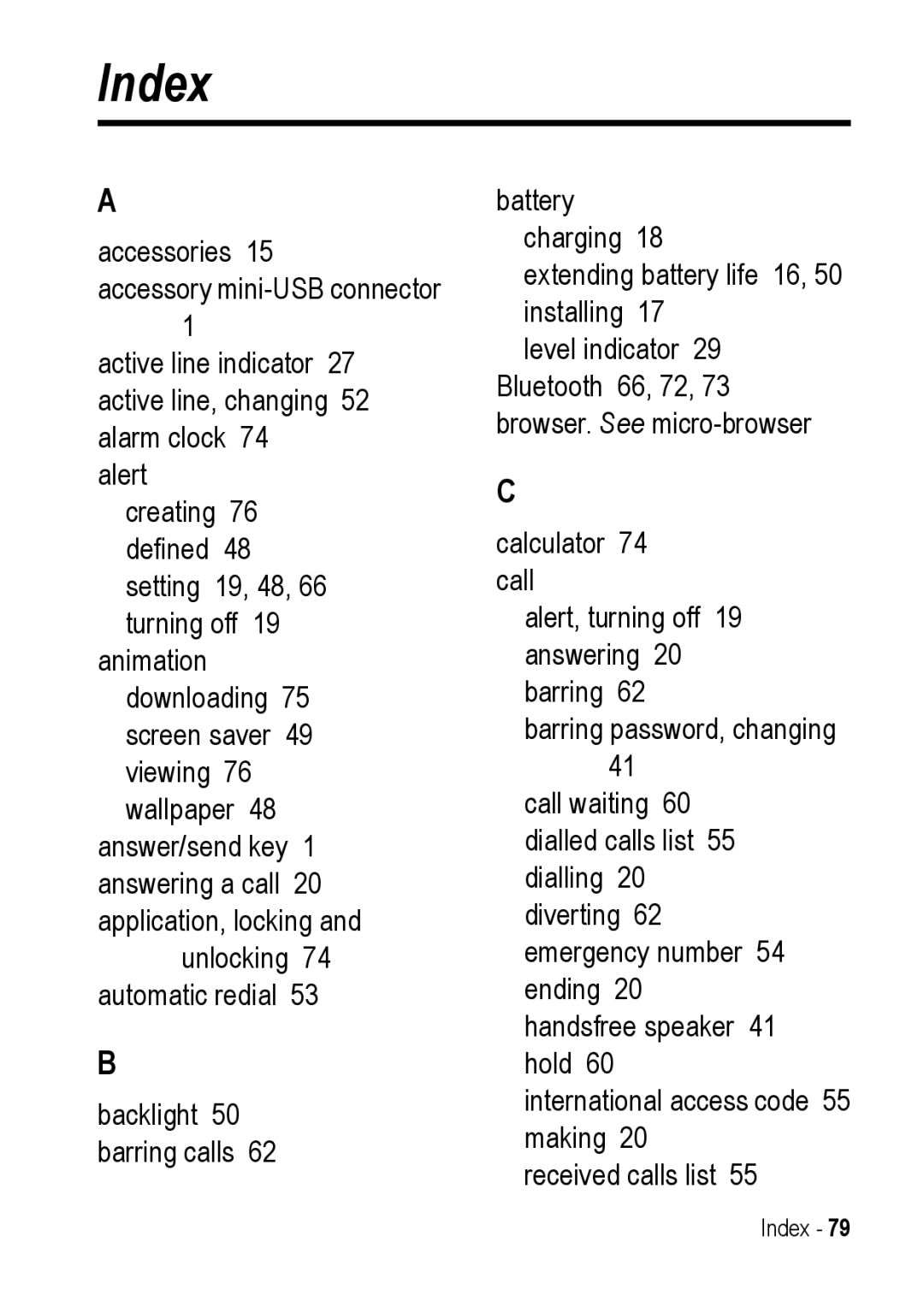 Motorola C390 manual Index 