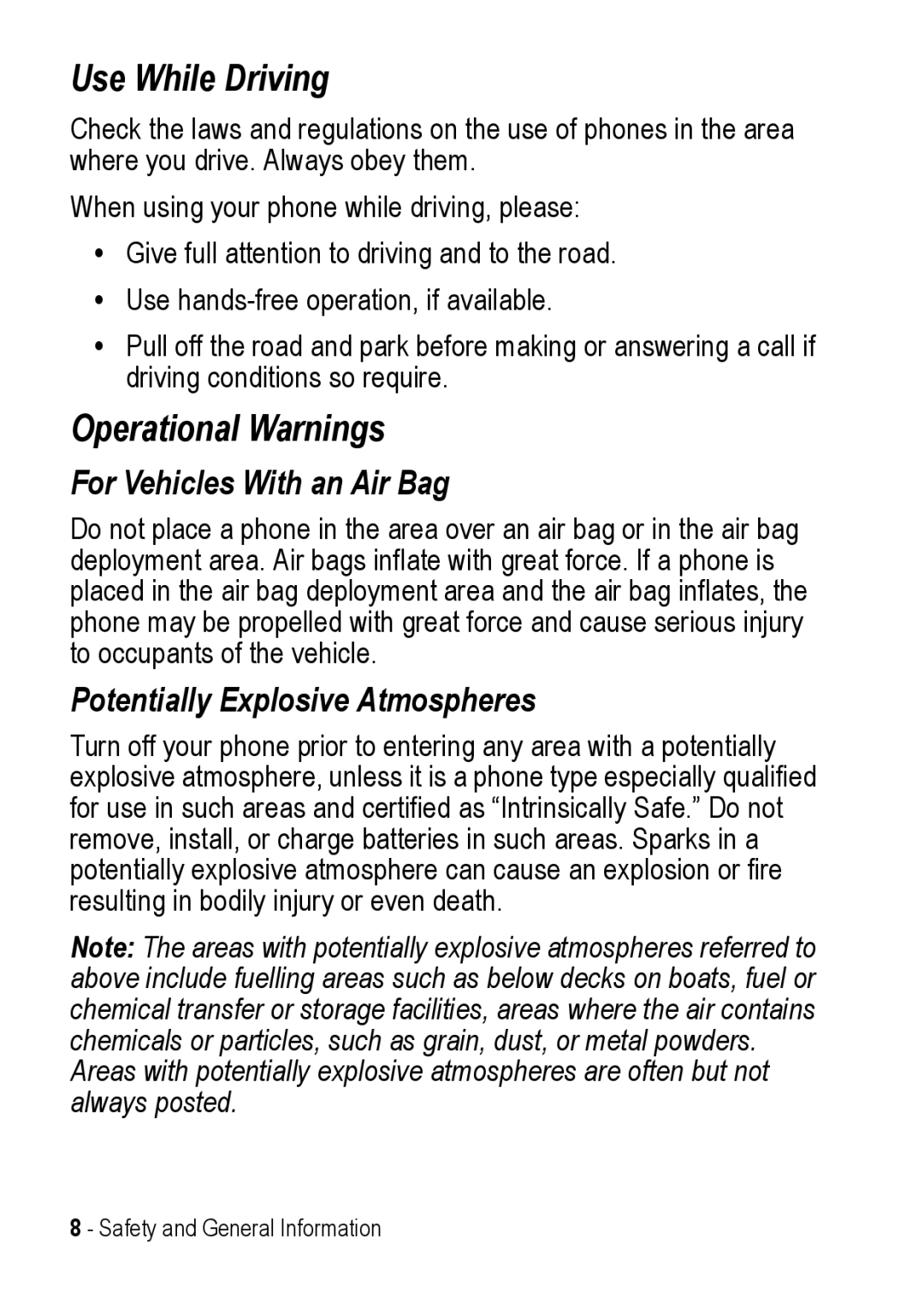 Motorola C390 manual Use While Driving, Operational Warnings 