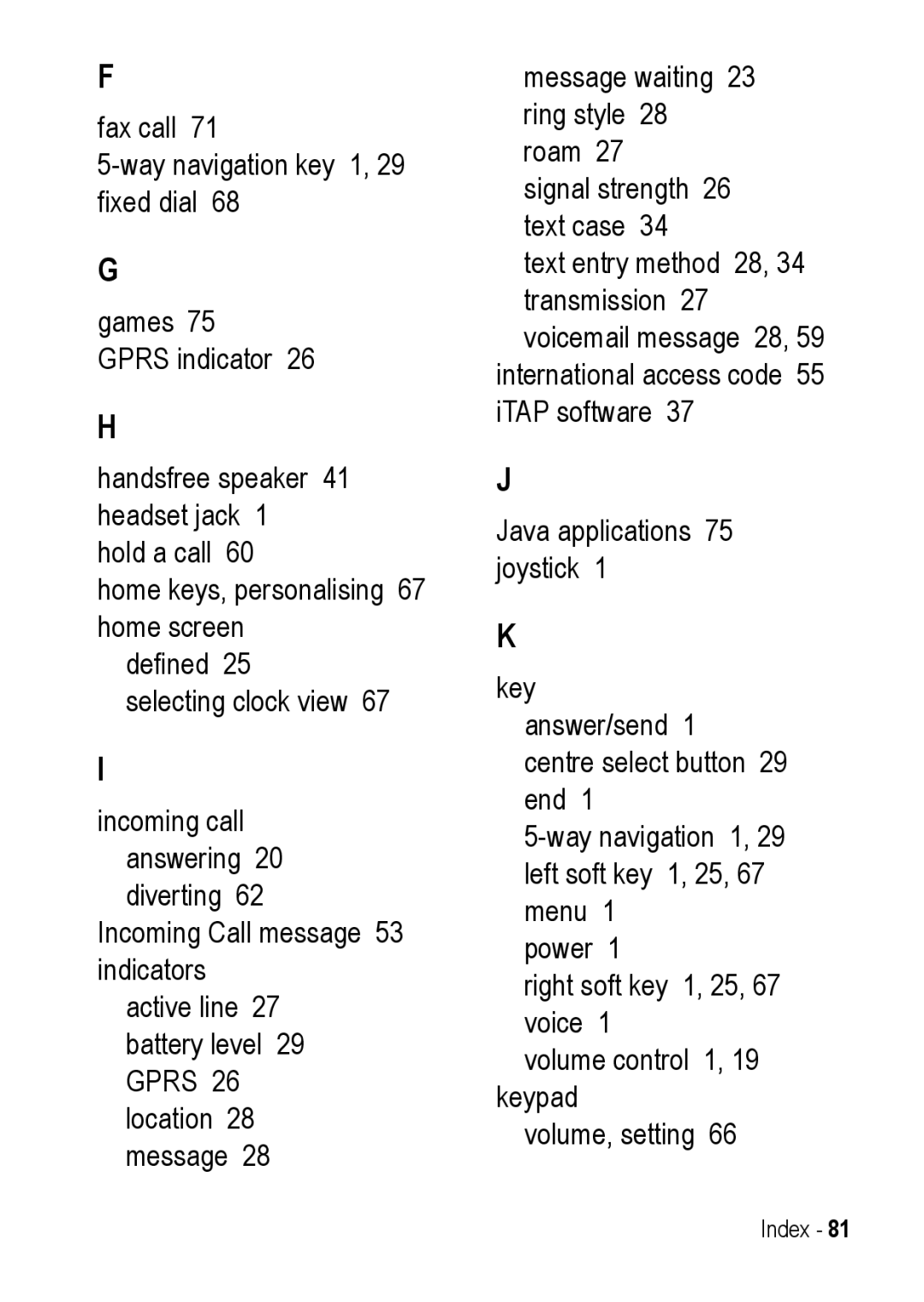 Motorola C390 manual Index 