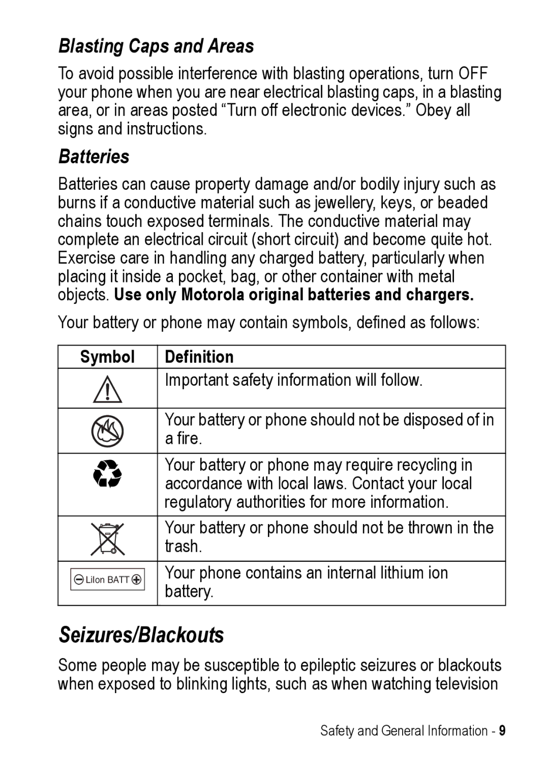 Motorola C390 manual Seizures/Blackouts, Symbol Definition 