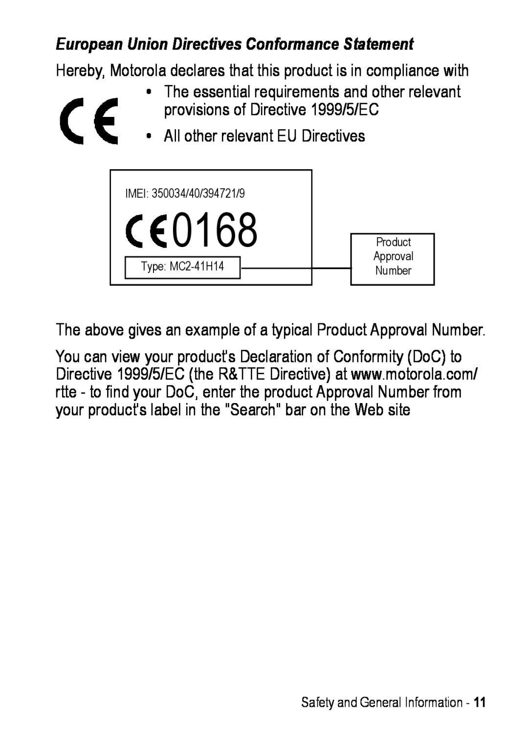 Motorola C390 manual 0168, European Union Directives Conformance Statement, Safety and General Information 