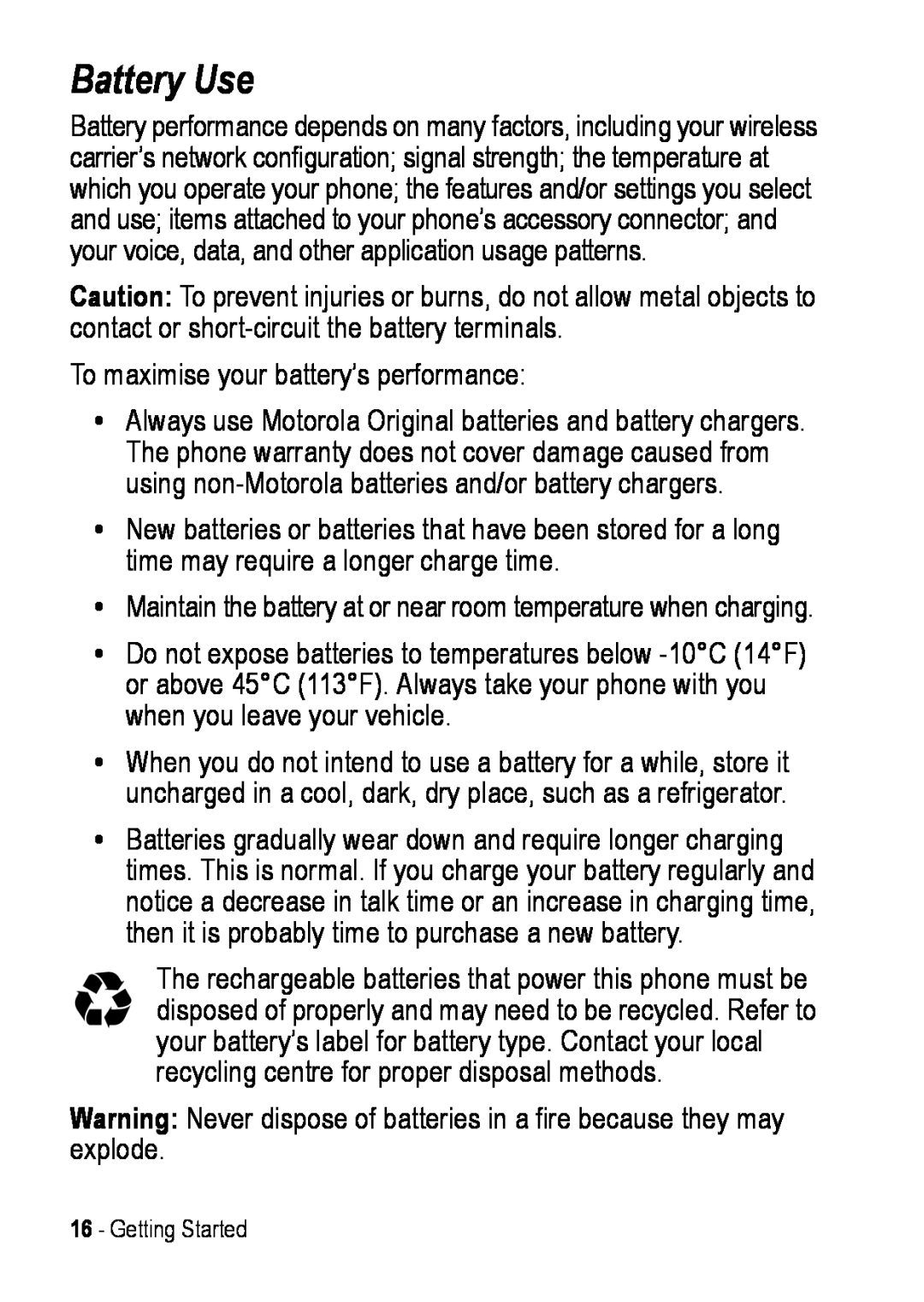 Motorola C390 manual Battery Use 