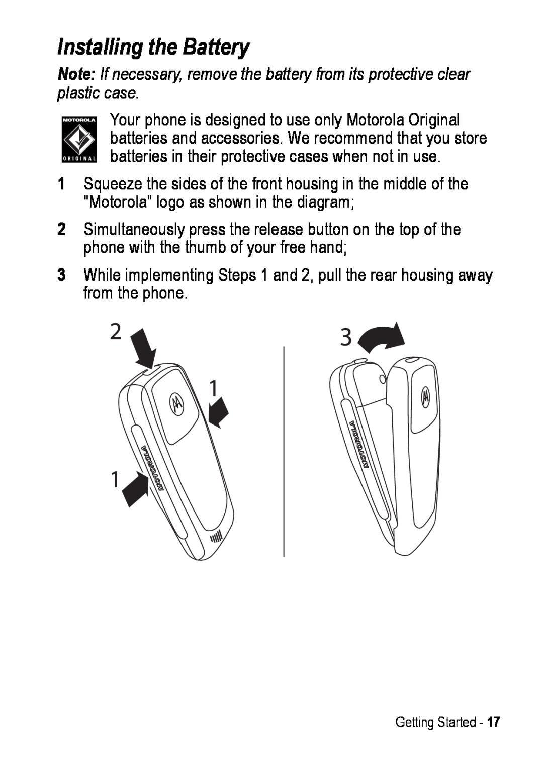 Motorola C390 manual Installing the Battery 