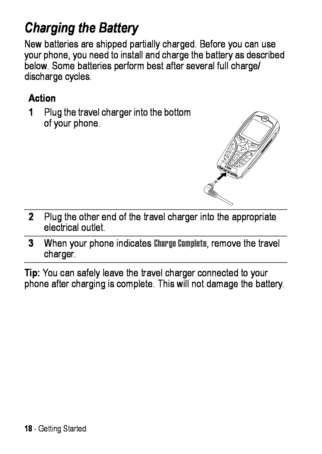 Motorola C390 manual Charging the Battery, Action 